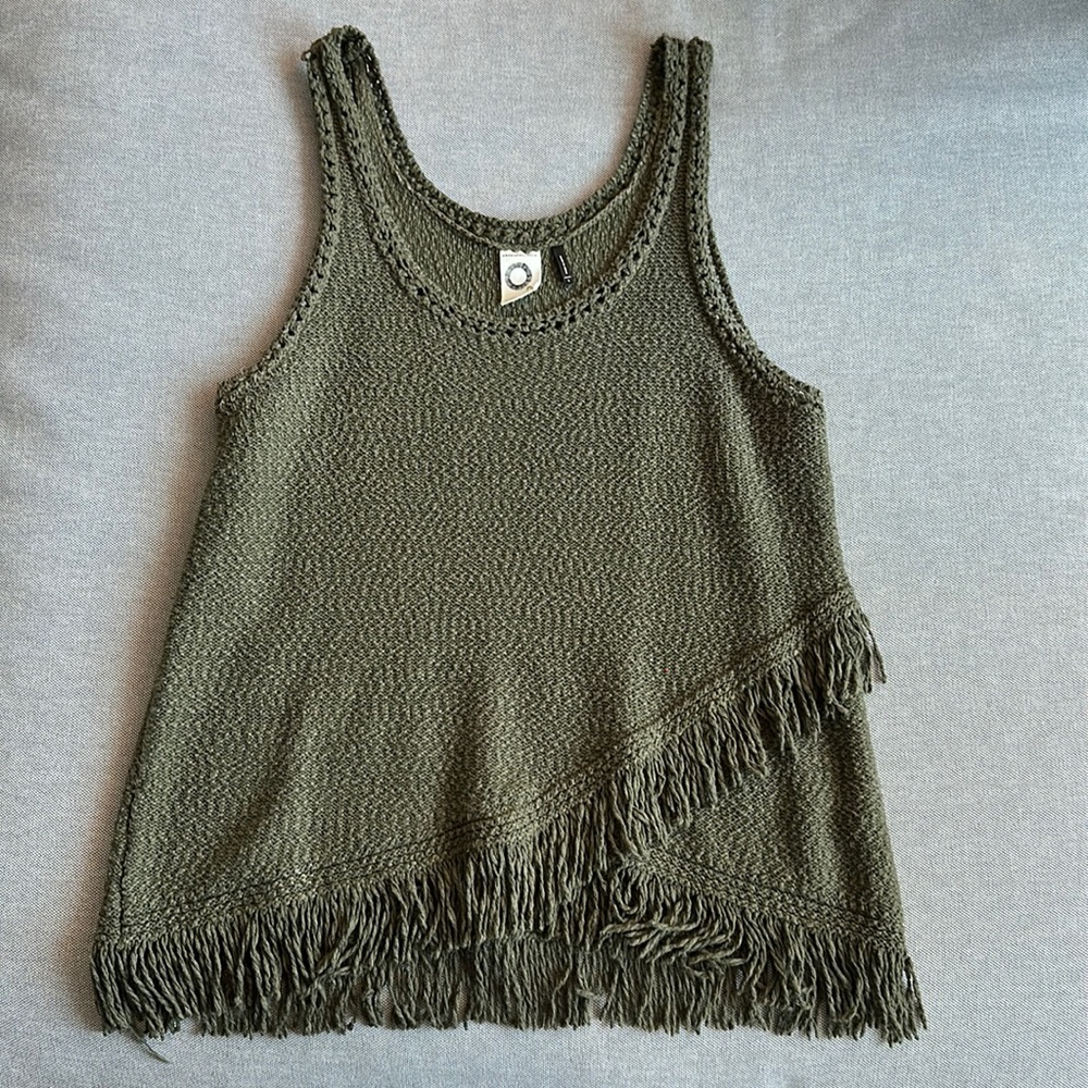 Anthropologie Akemi +Kin Olive Green Fringe Tank Top Size: S